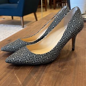 Ivanka Trump leather sole heels with B/W geometric design